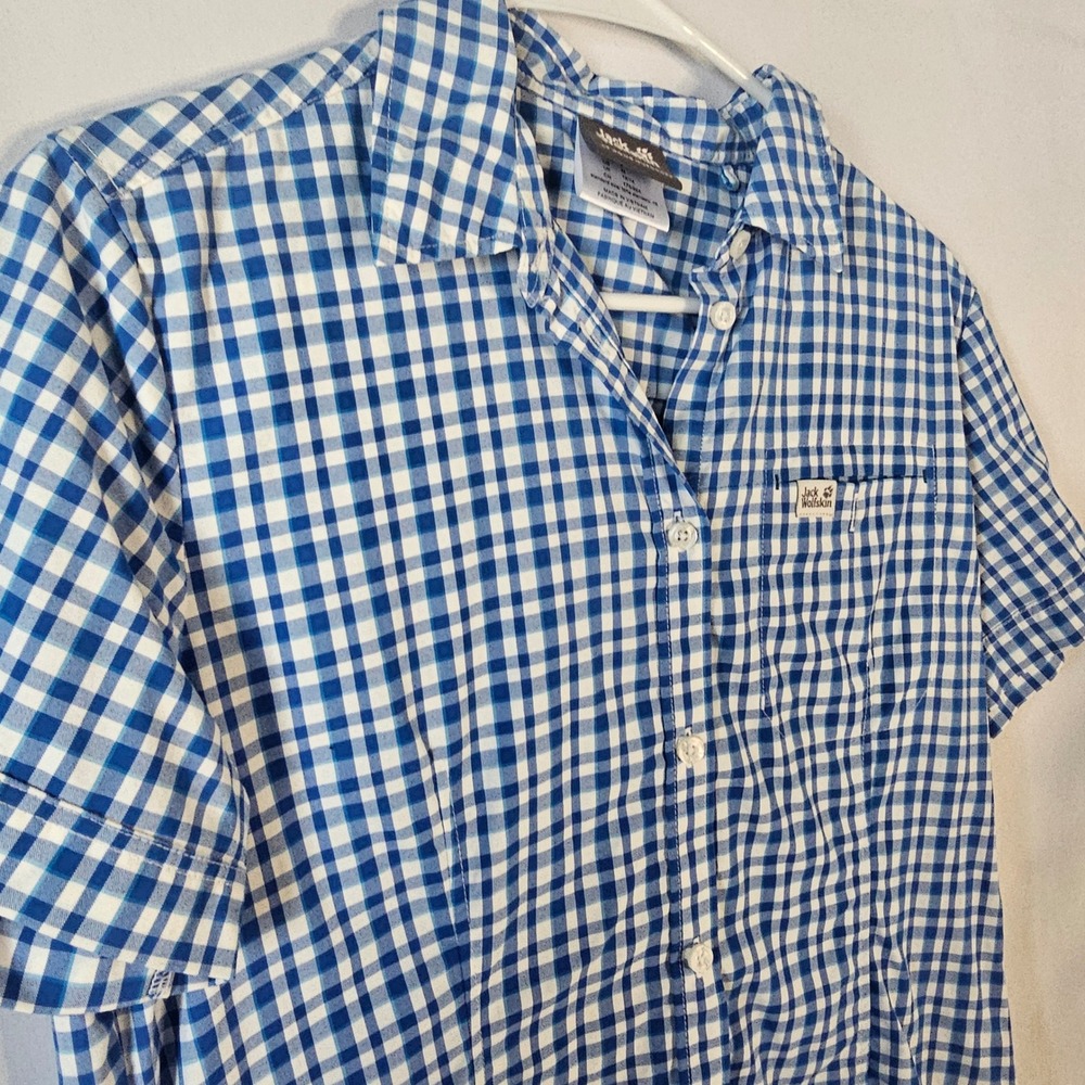 Jack Wolfskin Womens Blue White Gingham Check Short‎ Sleeve Button Up Shirt Top - Picture 2 of 10